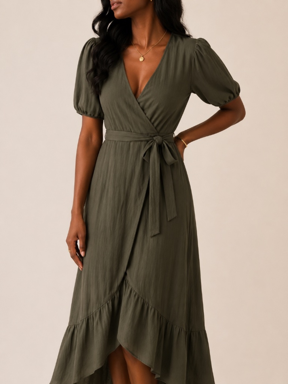 CUPSHE Olive Green Short Sleeve V-Neck Ruffle Hem Wrap Maxi Dress NWT, Size S